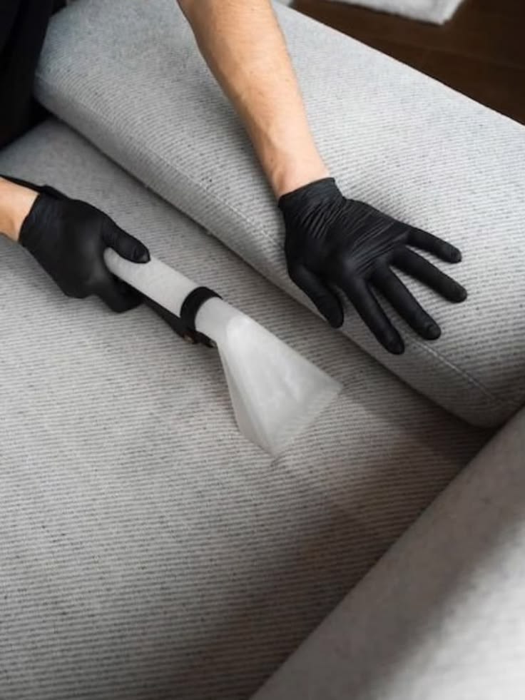 Lavado de muebles: manos con guantes limpiando el tapiz de un sofá gris con boquilla de extracción
